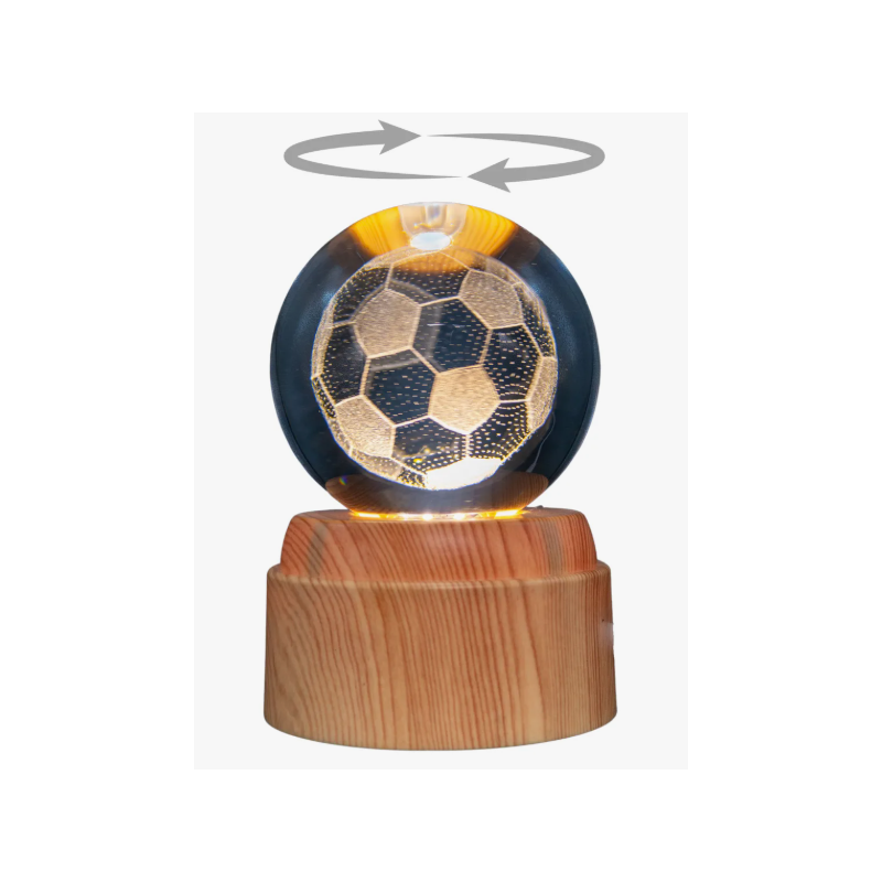 Lampara bola de cristal LED diseño balón de futbol base giratoria 8 cm