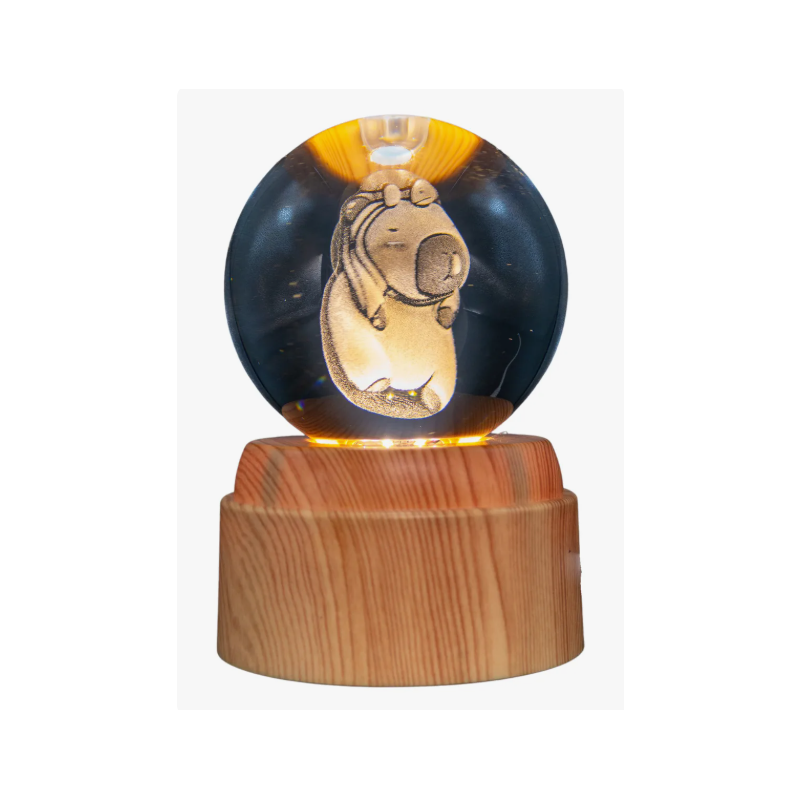 Lampara bola de cristal LED diseño capibara tortuga base giratoria 8 cm