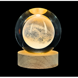 Lámpara Bola de Cristal 8cm LED Grabado Láser 3D Diseño de Luna Base de Madera