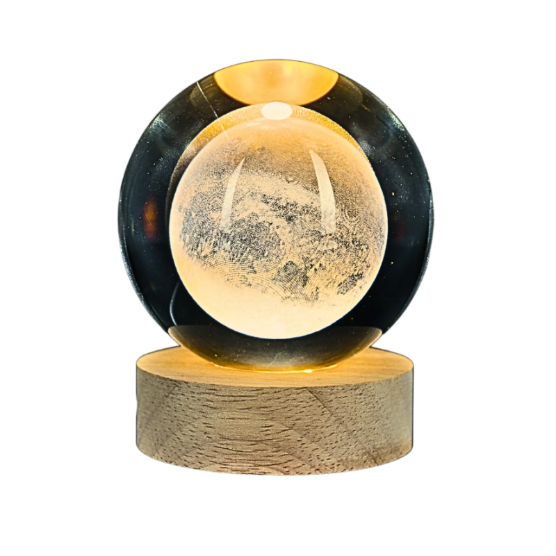 Lámpara Bola de Cristal 8cm LED Grabado Láser 3D Diseño de Luna Base de Madera Lámpara Bola de Cristal 8cm LED Grabado Láser 3D Diseño de Luna Base de Madera