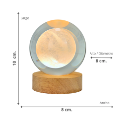 Lámpara Bola de Cristal 8cm LED Grabado Láser 3D Diseño de Luna Base de Madera