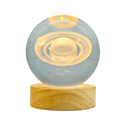 Lámpara Bola De Cristal LED Diseño De Saturno Con Base De Madera 8 Cm