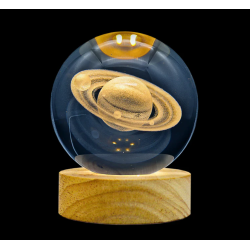 Lámpara Bola De Cristal LED Diseño De Saturno Con Base De Madera 8 Cm