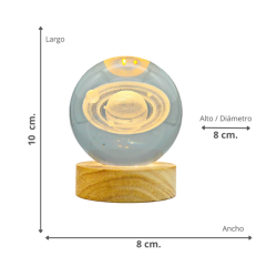 Lámpara Bola De Cristal LED Diseño De Saturno Con Base De Madera 8 Cm