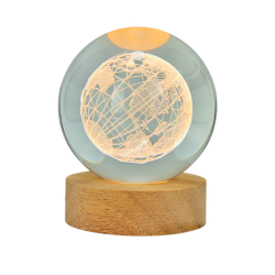 Lámpara Bola De Cristal LED Diseño De Globo Terraqueo Con Base De Madera 8 Cm