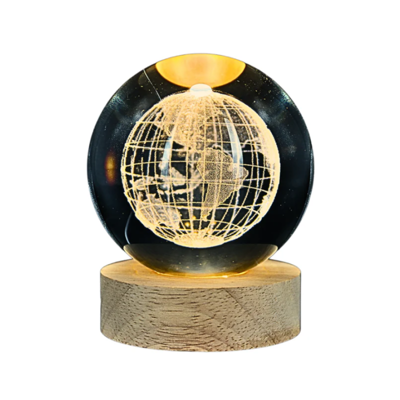 Lámpara Bola De Cristal LED Diseño De Globo Terraqueo Con Base De Madera 8 Cm