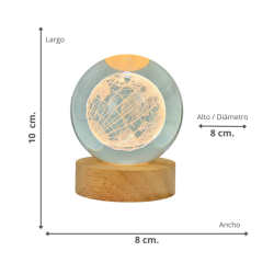 Lámpara Bola De Cristal LED Diseño De Globo Terraqueo Con Base De Madera 8 Cm
