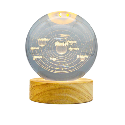 Lámpara Bola De Cristal LED Diseño De Sistema Solar Con Base De Madera 8 Cm