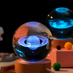 Lámpara Bola Cristal Saturno 8cm Led Rgb Cambia De Color Grabado Láser